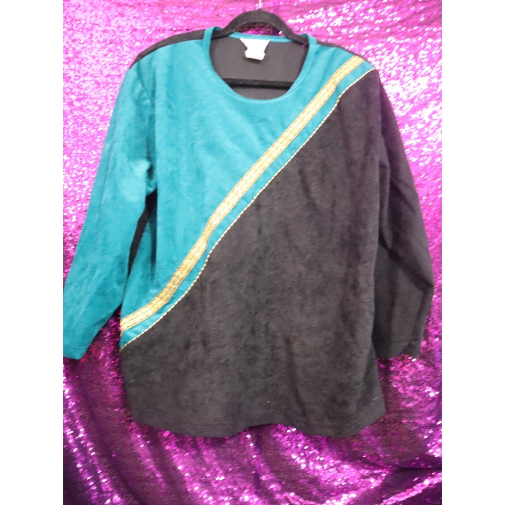 Teal Black Blouse 18W Combinations Womens Vintage Velvet Gold Trim 8102